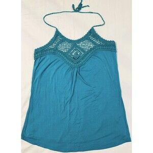 Venus Womens L Teal Blue Crocheted V Halter Tank Top Boho Rayon USA Made Stretch